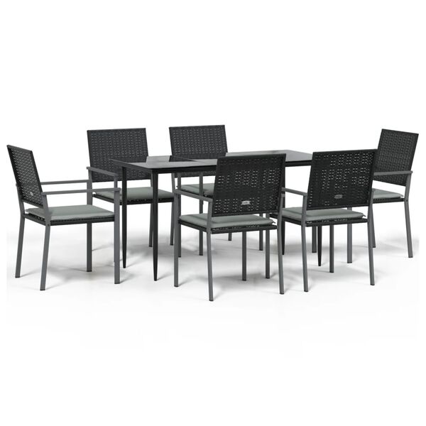vidaXL 7 pcs conjunto de jantar p/ jardim c/ almofad&otilde;es vime PE e a&ccedil;o