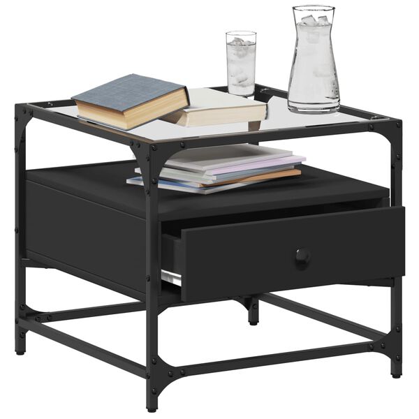 vidaXL Mesa de centro com topo em vidro preto 50x50x45 cm a&ccedil;o