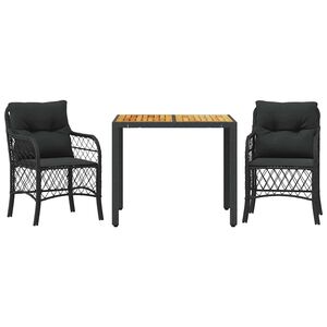 vidaXL 3 pcs conjunto de bistr&ocirc; com almofad&otilde;es vime PE preto