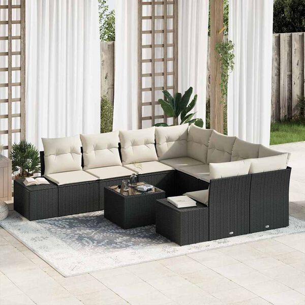 vidaXL Conjunto de Sof&aacute; de Jardim com almofada 9 pcs Preto vime PE