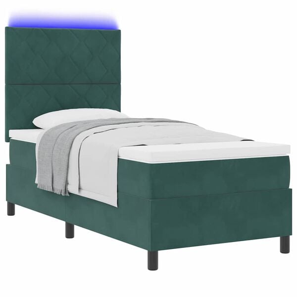 vidaXL Cama Box Spring LED com colch&atilde;o Verde Escuro 90 x 200 cm tecido