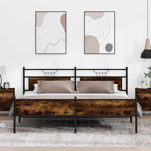 vidaXL Estrutura de cama sem colch&atilde;o 193x201cm metal carvalho fumado