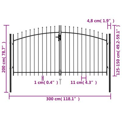 vidaXL Portão p/ cerca porta dupla topo em espetos 3x1,5 m aço preto