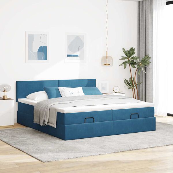 vidaXL Estrutura de cama otomana com colch&atilde;o azul escuro veludo