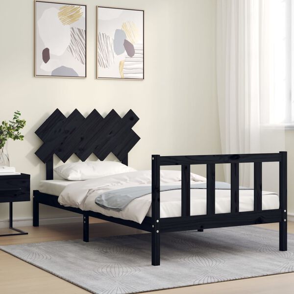 vidaXL Estrutura de cama com cabeceira 100x200 cm madeira maci&ccedil;a preto