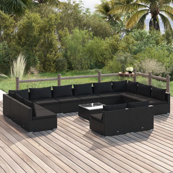 vidaXL 13 pcs conjunto lounge de jardim c/ almofad&otilde;es vime PE preto
