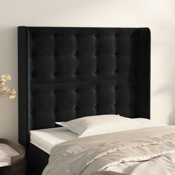 vidaXL Cabeceira de cama c/ abas veludo 83x16x118/128 cm preto