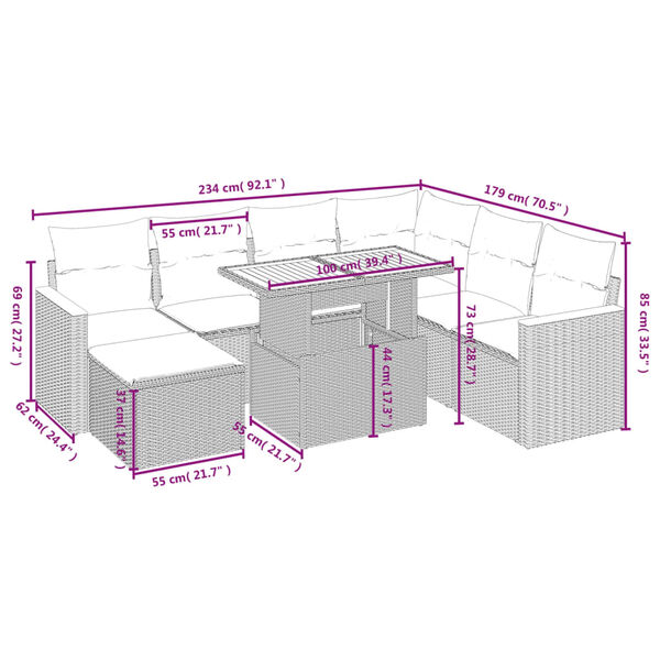 vidaXL 8 pcs conjunto sof&aacute;s de jardim com almofad&otilde;es vime PE preto