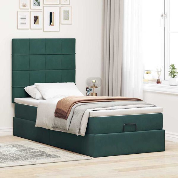 vidaXL Estrutura de cama otomana colch&otilde;es 90x200cm veludo verde escuro