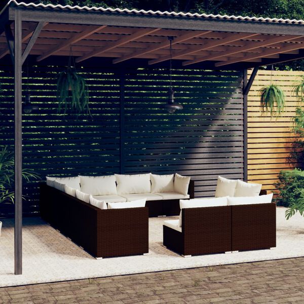vidaXL 12 pcs conjunto lounge de jardim c/ almofad&otilde;es vime PE castanho