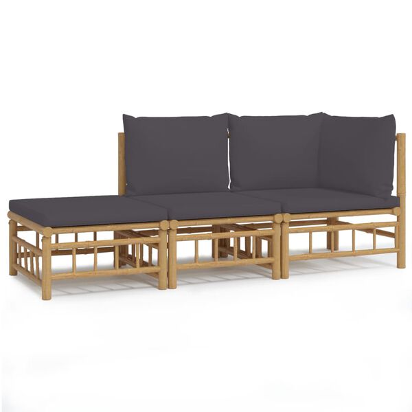vidaXL 3pcs conj. lounge de jardim bambu c/ almofad&otilde;es cinzento-escuro