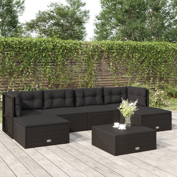 vidaXL 6 pcs conjunto lounge de jardim c/ almofad&otilde;es vime PE preto