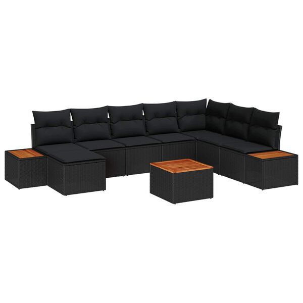 vidaXL Conjunto de Sof&aacute; de Jardim com almofada 9 pcs Preto Polirattan