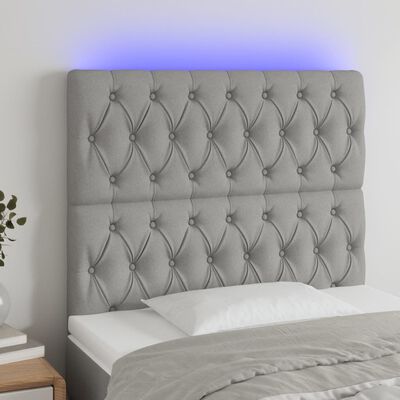 vidaXL Cabeceira cama c/ luzes LED tecido 90x7x118/128cm cinza-claro