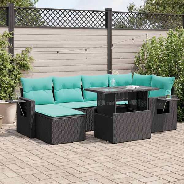 vidaXL 7 pcs conjunto sof&aacute;s jardim c/ almofad&otilde;es vime PE/ac&aacute;cia preto