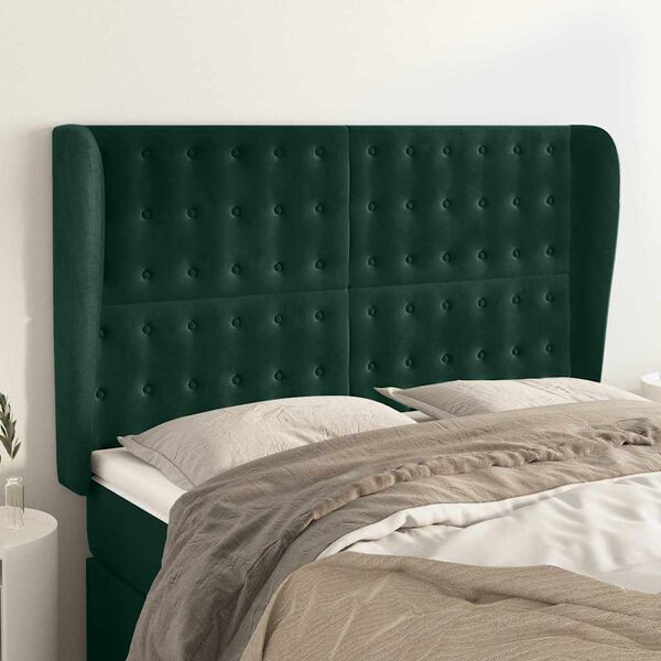 vidaXL Cabeceira cama c/ abas veludo 147x23x118/128 cm verde-escuro