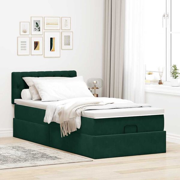 vidaXL Cama otomana com colch&atilde;o & LEDs 90x200cm veludo verde-escuro