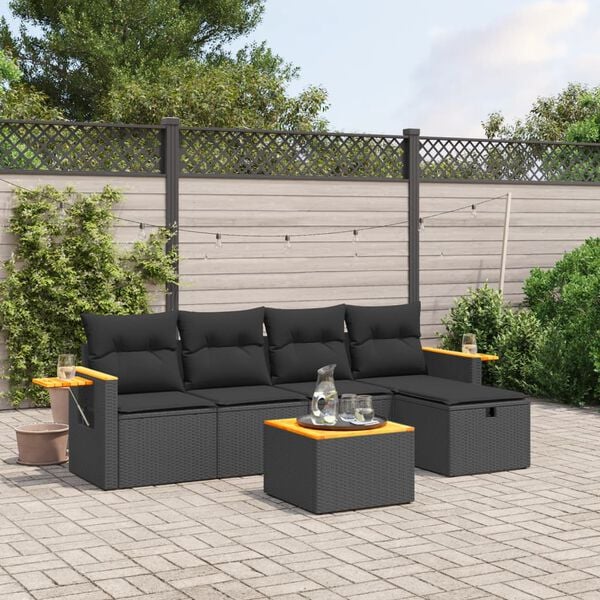 vidaXL 5 pcs conjunto sof&aacute;s de jardim com almofad&otilde;es vime PE preto