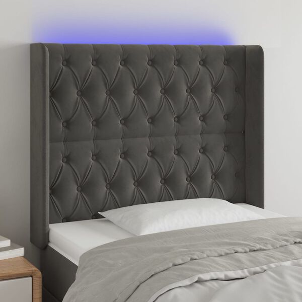 vidaXL Cabeceira de cama c/ LED veludo 103x16x118/128 cm cinza-escuro