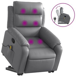 vidaXL Poltrona massagens reclin&aacute;vel elevat&oacute;ria couro artif. cinzento