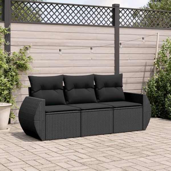 vidaXL 3 pcs conjunto sofás de jardim com almofadões vime PE preto