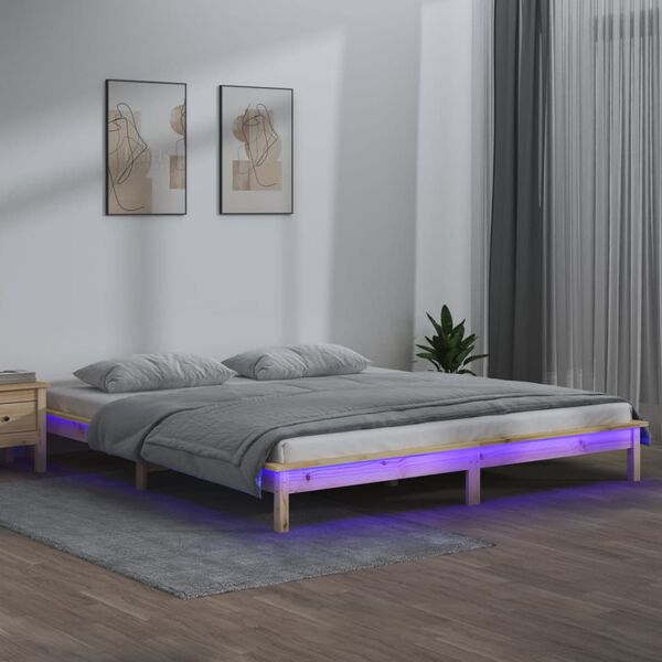 vidaXL Estrutura de cama de casal c/ LED 135x190 cm madeira maci&ccedil;a