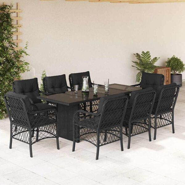 vidaXL 9 pcs conjunto de jantar p/ jardim c/ almofad&otilde;es vime PE preto
