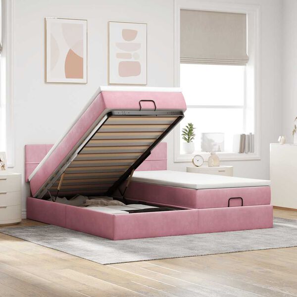 vidaXL Estrutura de cama otomana com colch&otilde;es 180x200 cm veludo rosa