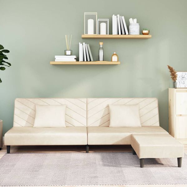 vidaXL Sof&aacute;-cama de 2 lugares + 2 almofadas/apoio p&eacute;s veludo cor creme