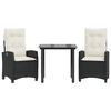 vidaXL 3 pcs conjunto de jantar p/ jardim c/ almofad&otilde;es vime PE preto