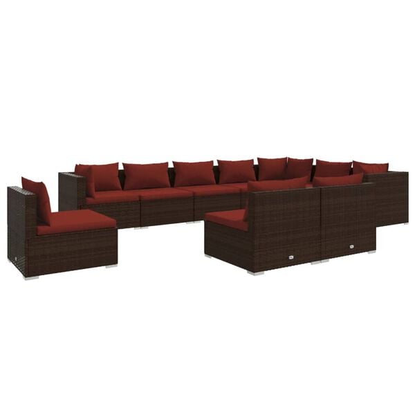 vidaXL 10 pcs conjunto lounge de jardim c/ almofad&otilde;es vime PE castanho