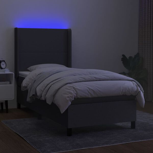 vidaXL Cama box spring c/ colch&atilde;o e LED 90x190 cm tecido cinza-escuro