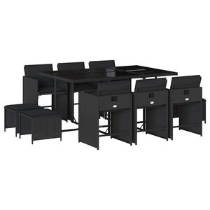 vidaXL 11 pcs conjunto de jantar p/ jardim c/ almofad&otilde;es vime PE preto