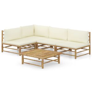 vidaXL 5 pcs conj. lounge p/ jardim em bambu c/ almofad&otilde;es branco nata