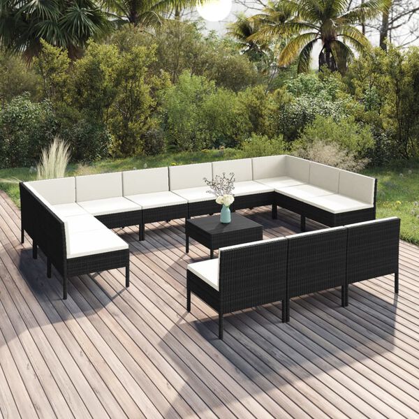 vidaXL 14 pcs conjunto lounge de jardim c/ almofad&otilde;es vime PE preto