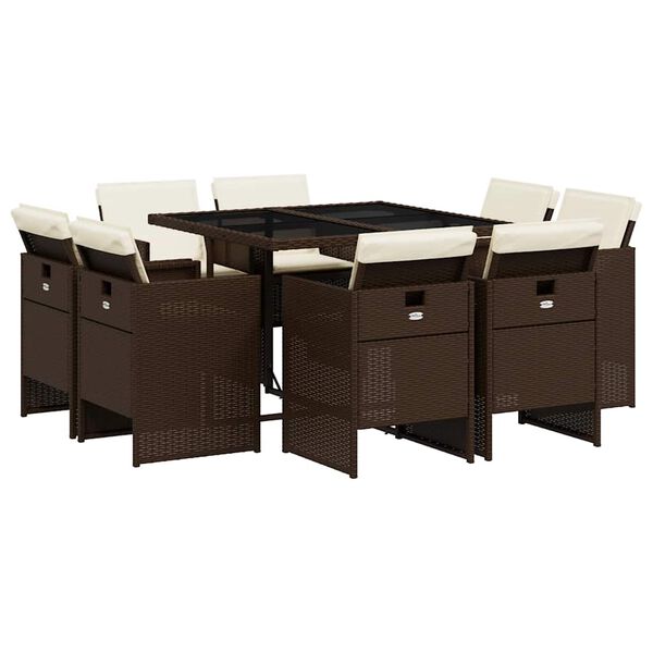 vidaXL 9 pcs conjunto jantar p/ jardim c/ almofad&otilde;es vime PE castanho