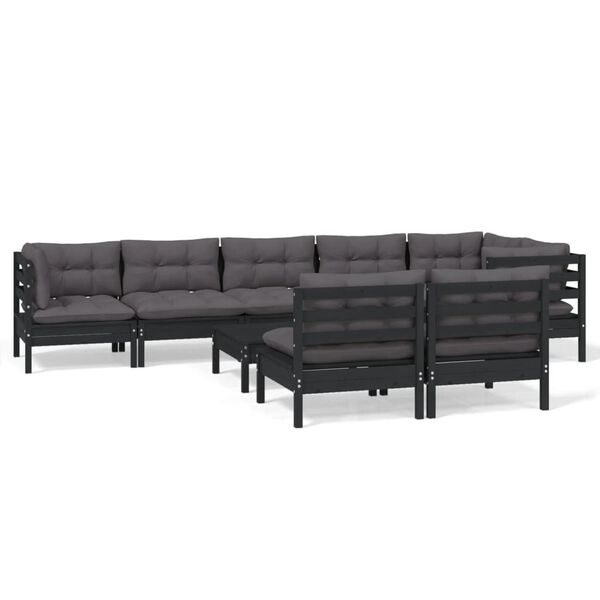 vidaXL 9 pcs conjunto lounge jardim c/ almofad&otilde;es pinho maci&ccedil;o preto