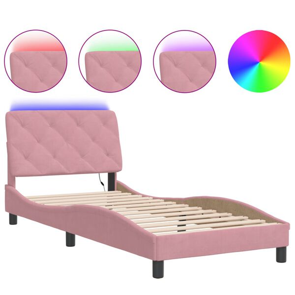 vidaXL Estrutura de cama com LED sem colch&atilde;o 90x200 cm veludo rosa