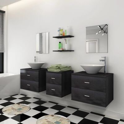 vidaXL 9 pcs conj. móveis casa de banho c/ lavatório e torneira preto