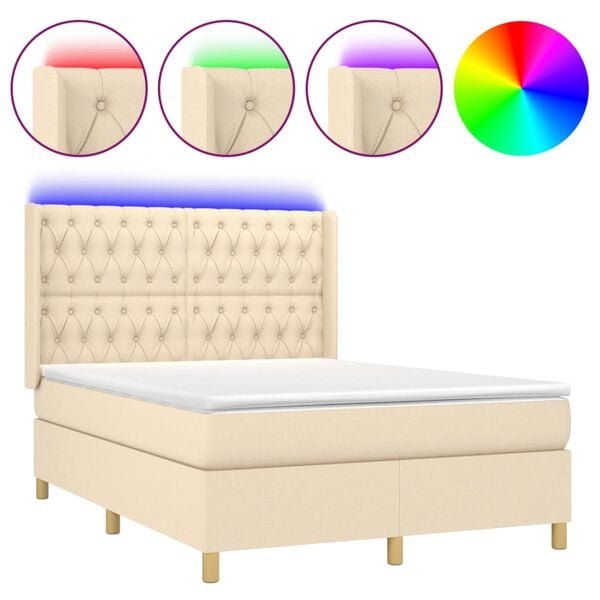 vidaXL Cama box spring c/ colch&atilde;o e LED 140x190 cm tecido cor creme