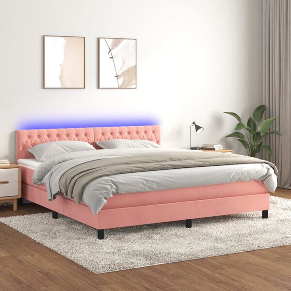 vidaXL Cama box spring c/ colch&atilde;o/LED 160x200 cm veludo rosa