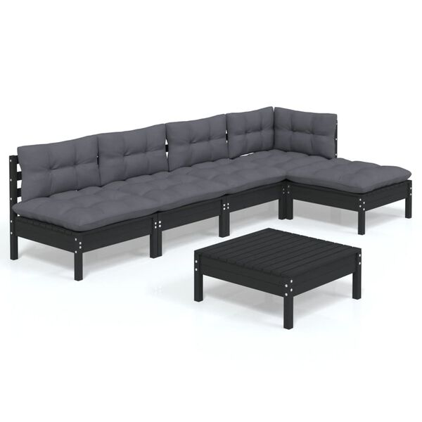 vidaXL 6 pcs conjunto lounge de jardim c/ almofad&otilde;es pinho preto