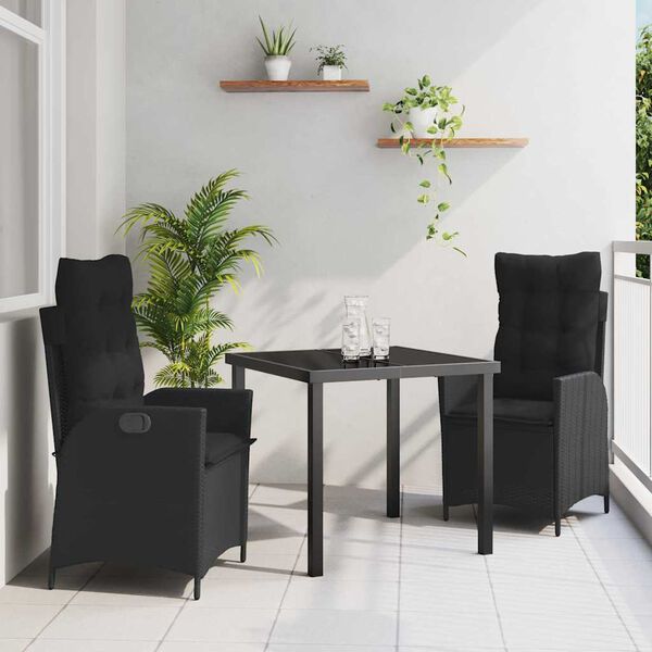 vidaXL Conjunto de Jantar para Jardim com almofada 3 pcs Preto vime PE