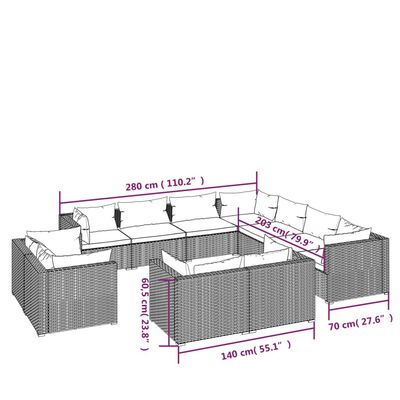 vidaXL 11 pcs conjunto lounge de jardim c/ almofadões vime PE preto