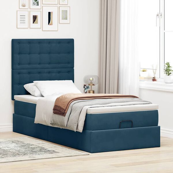 vidaXL Estrutura de cama otomana com colch&otilde;es azul escuro Veludo