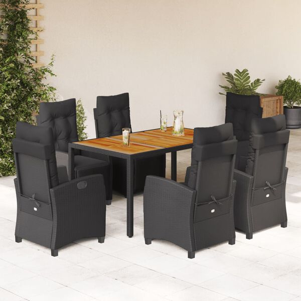 vidaXL 7 pcs conjunto de jantar p/ jardim c/ almofad&otilde;es vime PE preto