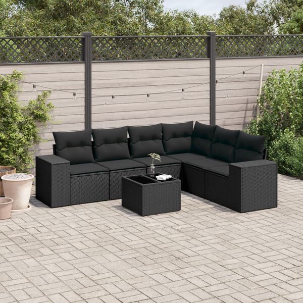 vidaXL 7 pcs conjunto de sof&aacute;s p/ jardim c/ almofad&otilde;es vime PE preto