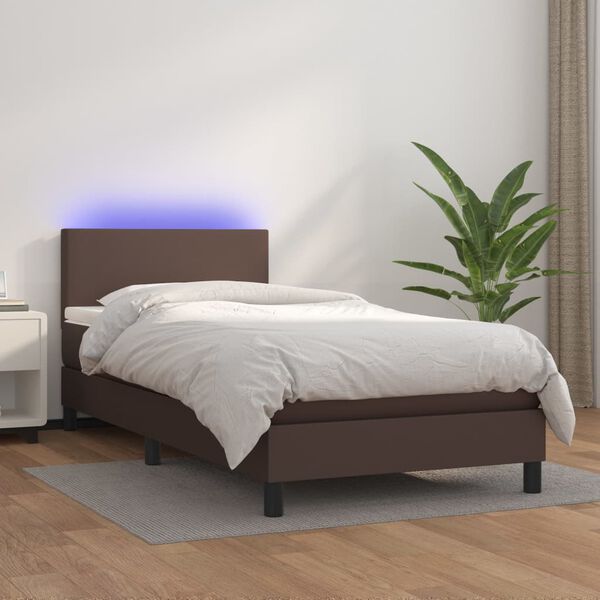 vidaXL Cama box spring c/ colch&atilde;o/LED 80x200 cm couro artif. castanho