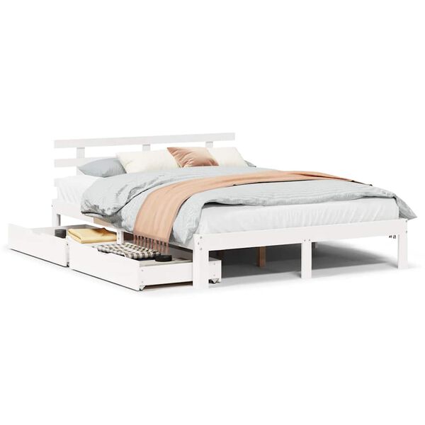vidaXL Estrutura de cama com gavetas 135x190 cm pinho maci&ccedil;o branco