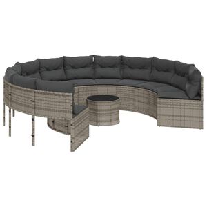 vidaXL Sof&aacute; de jardim com mesa e almofad&otilde;es redondo vime PE cinzento